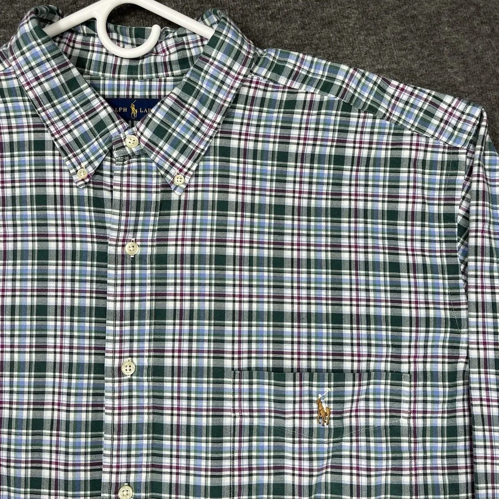 Polo Ralph Lauren Oxford Shirt Mens 3XLT Green Blue Plaid Flesh pony Long Sleeve